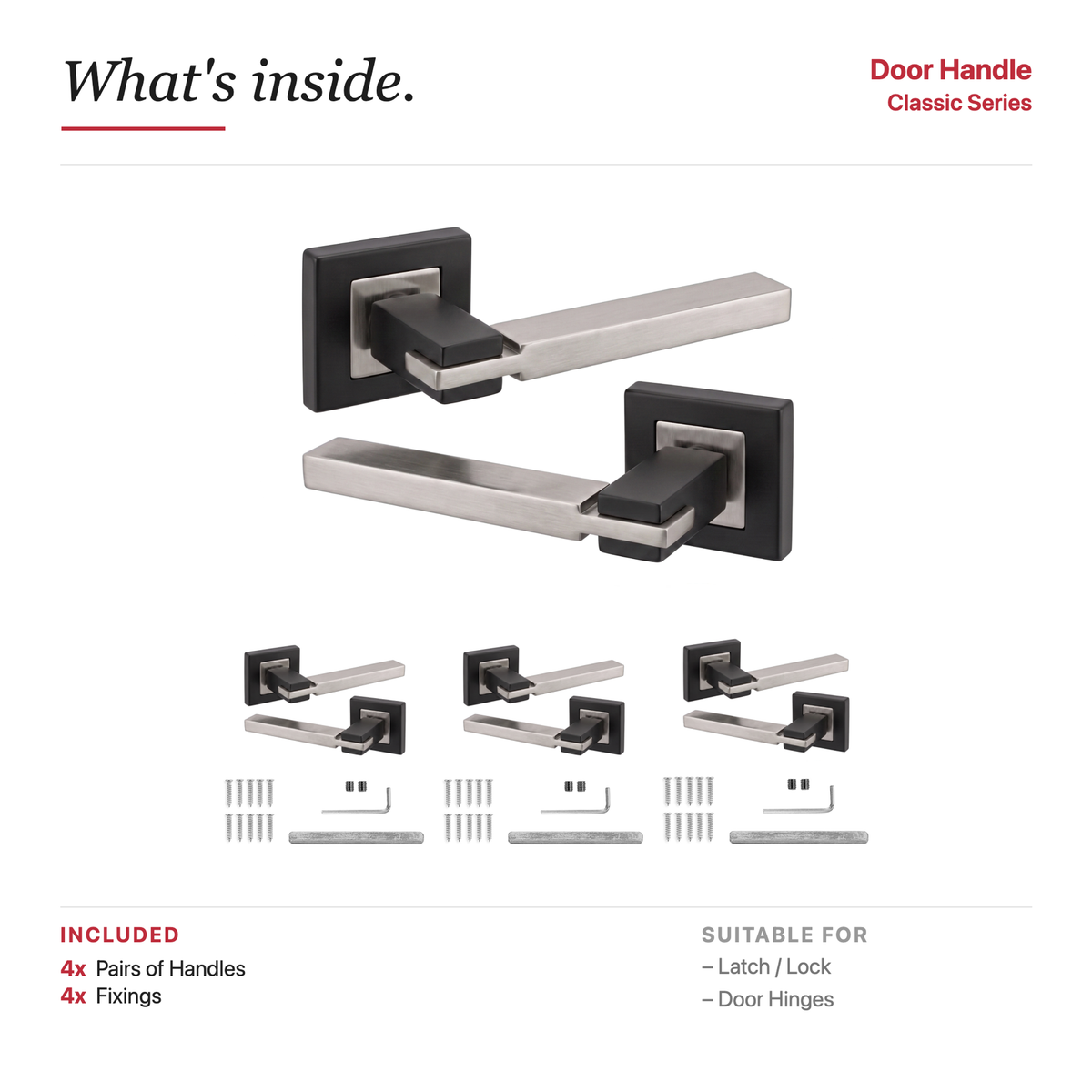 Nexus Duo Finish Door Lever Handles – showing what's included in the box