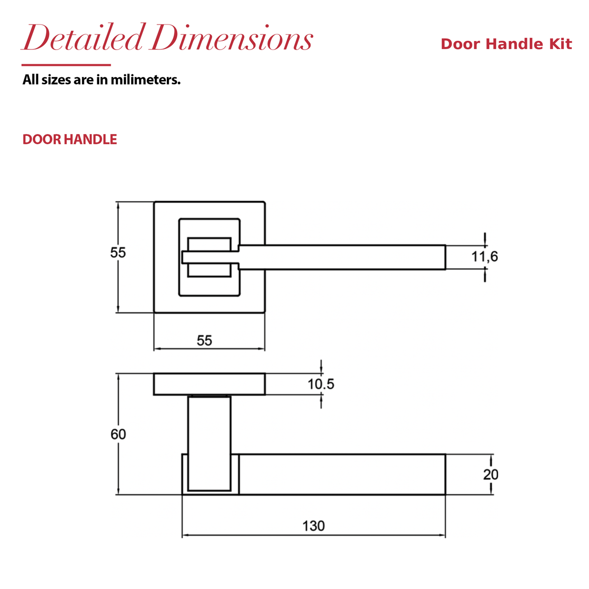 Nexus Matt Black Door Lever Handles – dimensions and measurements diagram