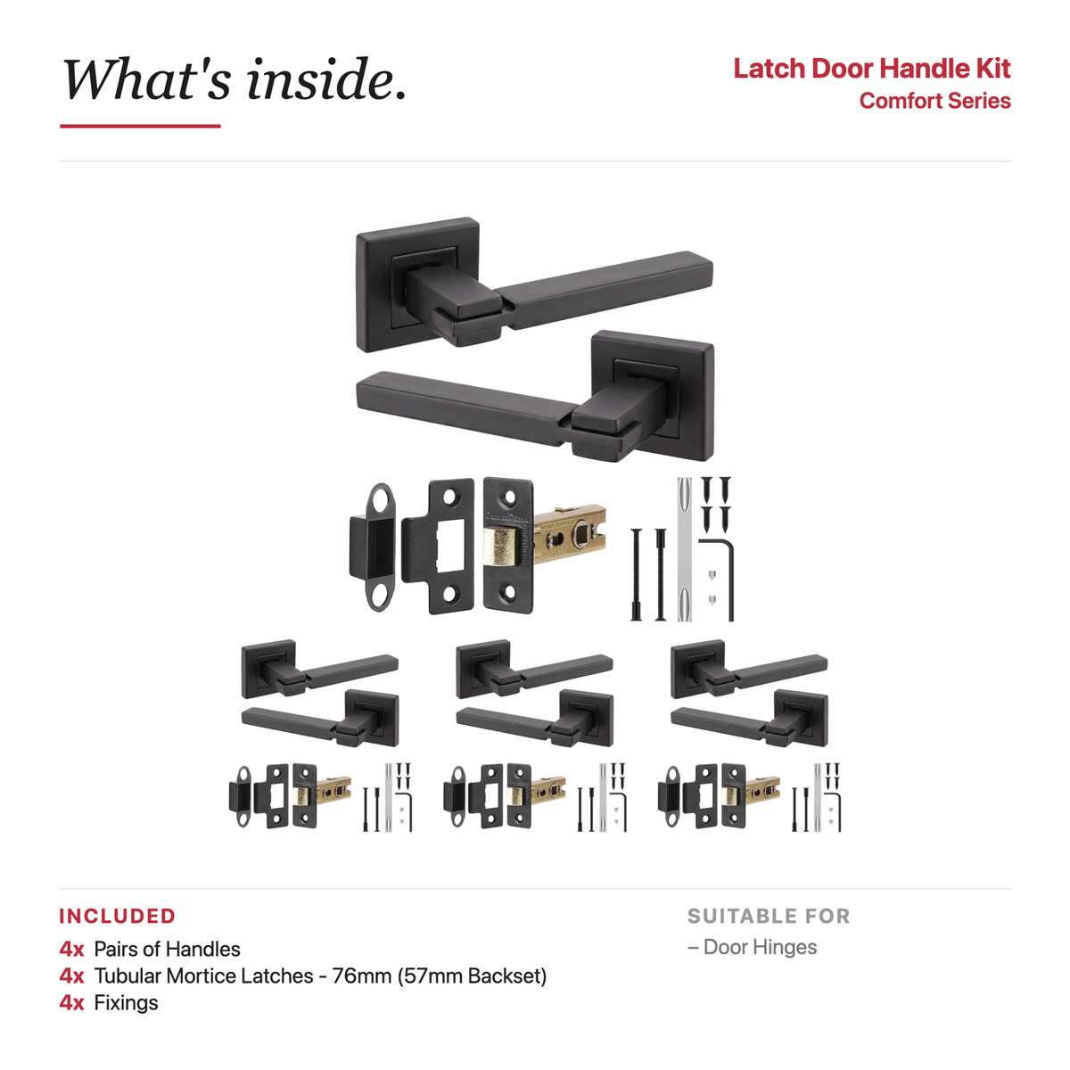 Nexus Matt Black Passage Door Lever Handles – showing what's included in the box