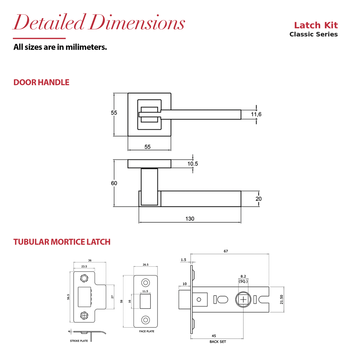 Nexus Matt Black Passage Door Lever Handles – dimensions and measurements diagram