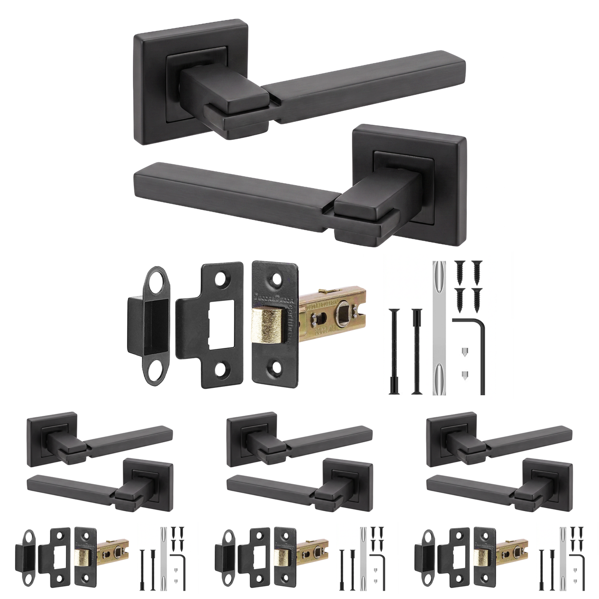 Nexus Matt Black Passage Door Lever Handles - Latch Kit 64mm - Pack of 4