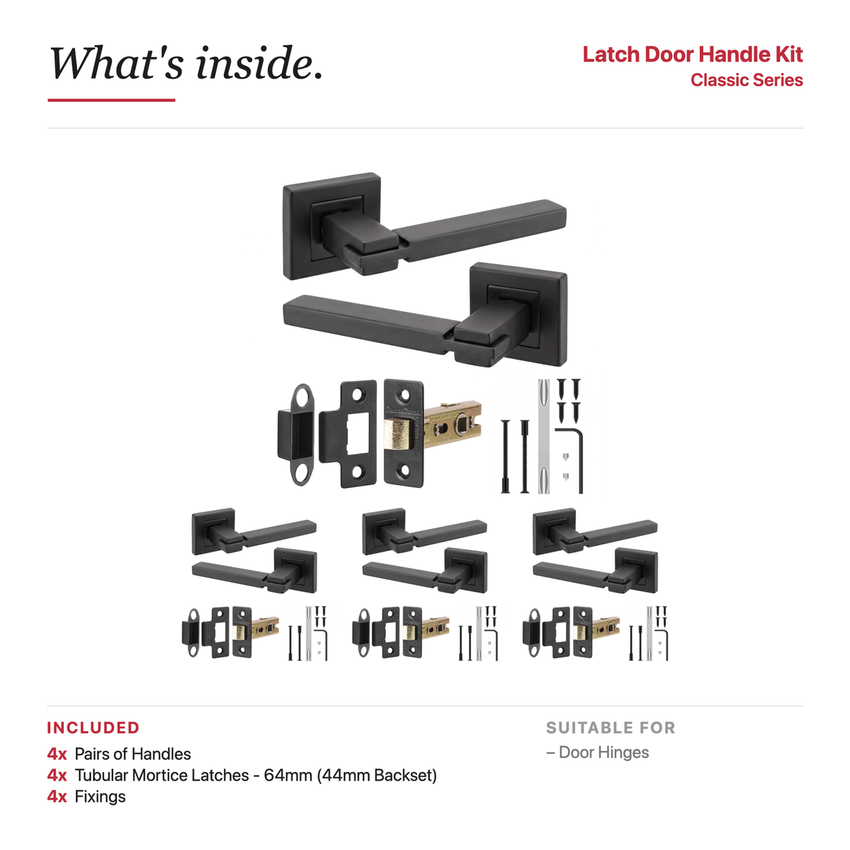 Nexus Matt Black Passage Door Lever Handles – showing what's included in the box
