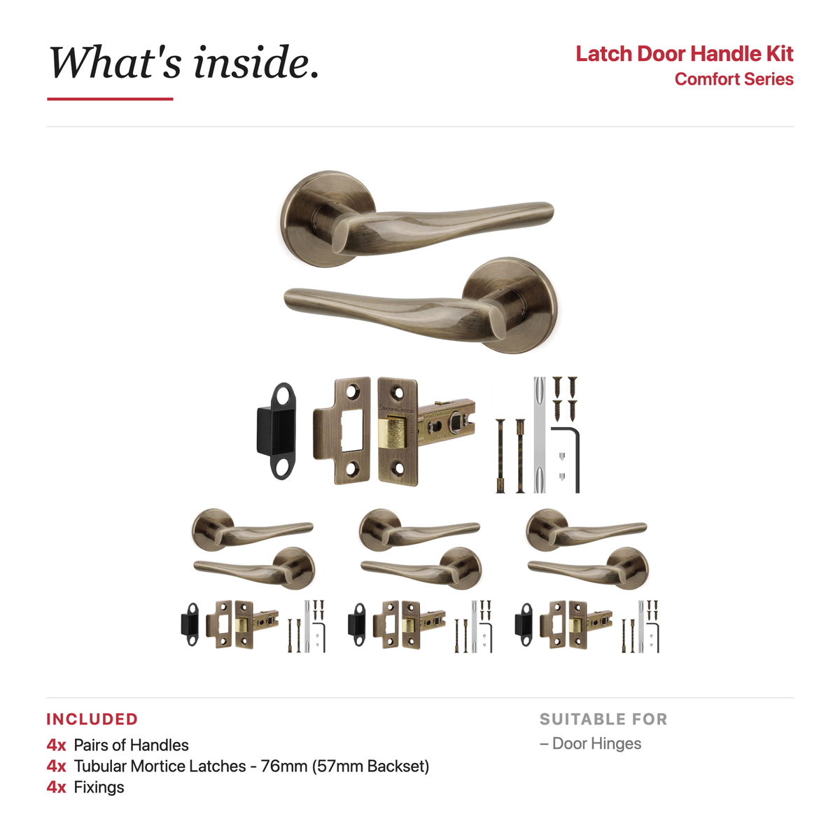 Nanda Antique Brass Passage Door Lever Handles – showing what's included in the box