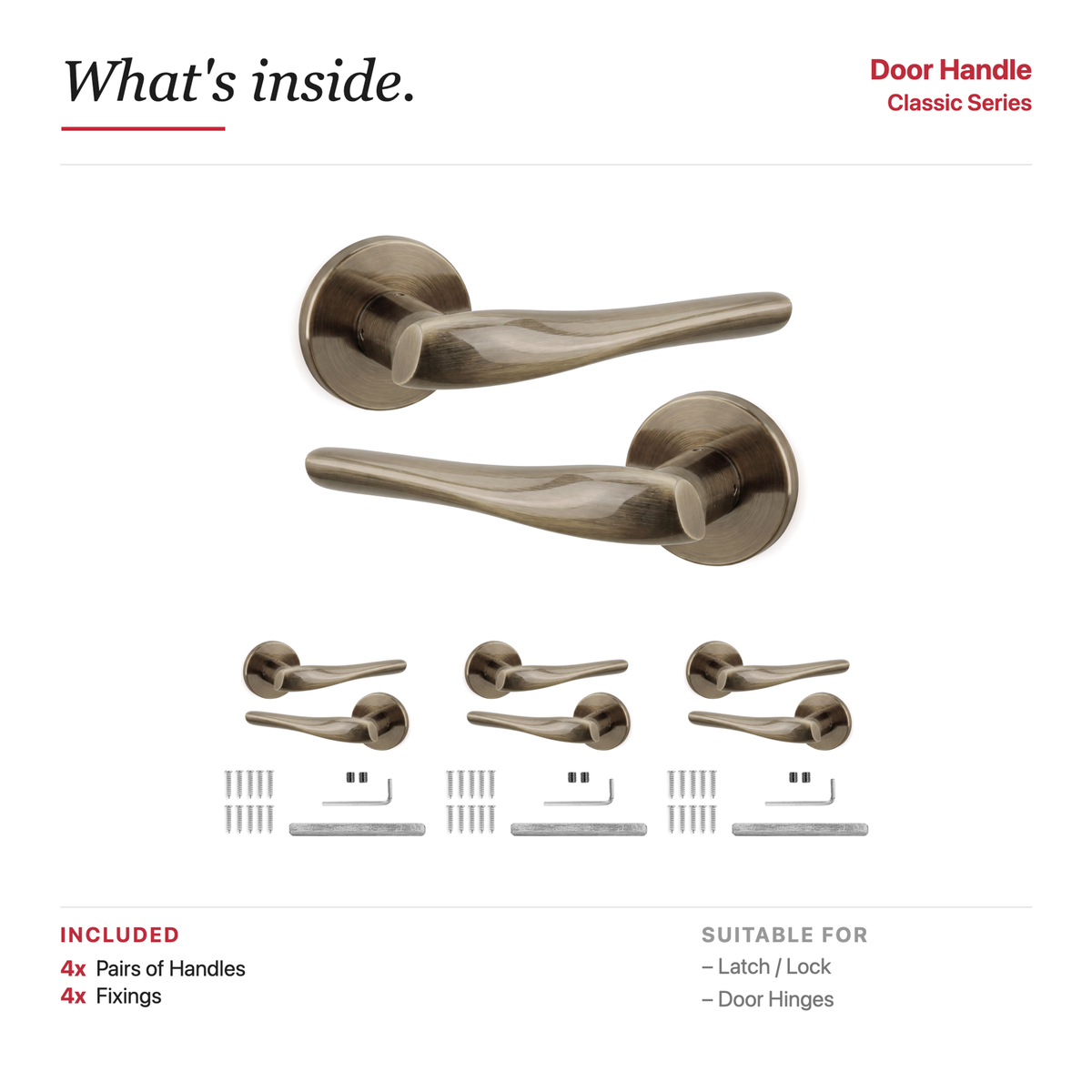 Nanda Antique Brass Door Lever Handles – showing what's included in the box