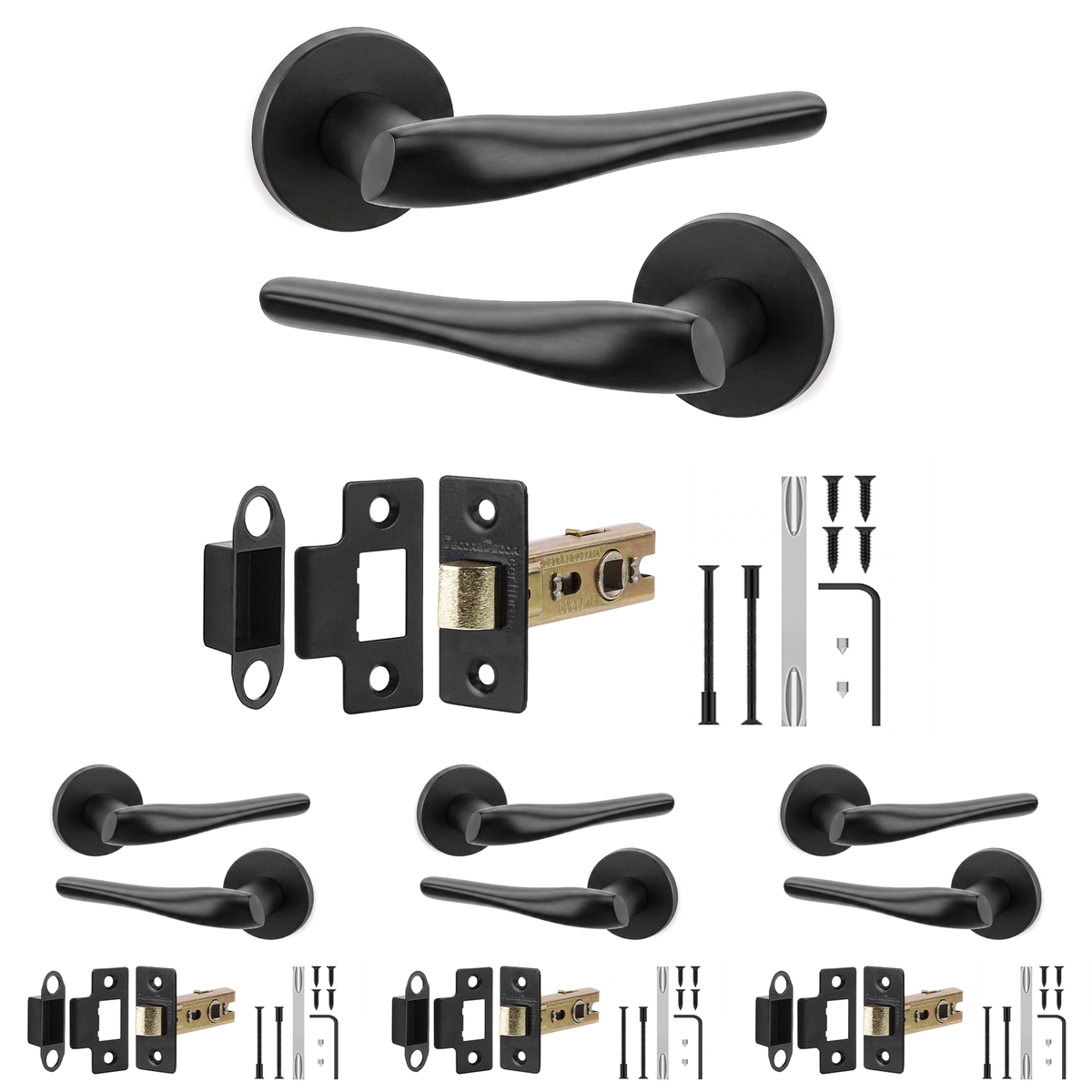 Nanda Matt Black Passage Door Lever Handles - Latch Kit 64mm - Pack of 4