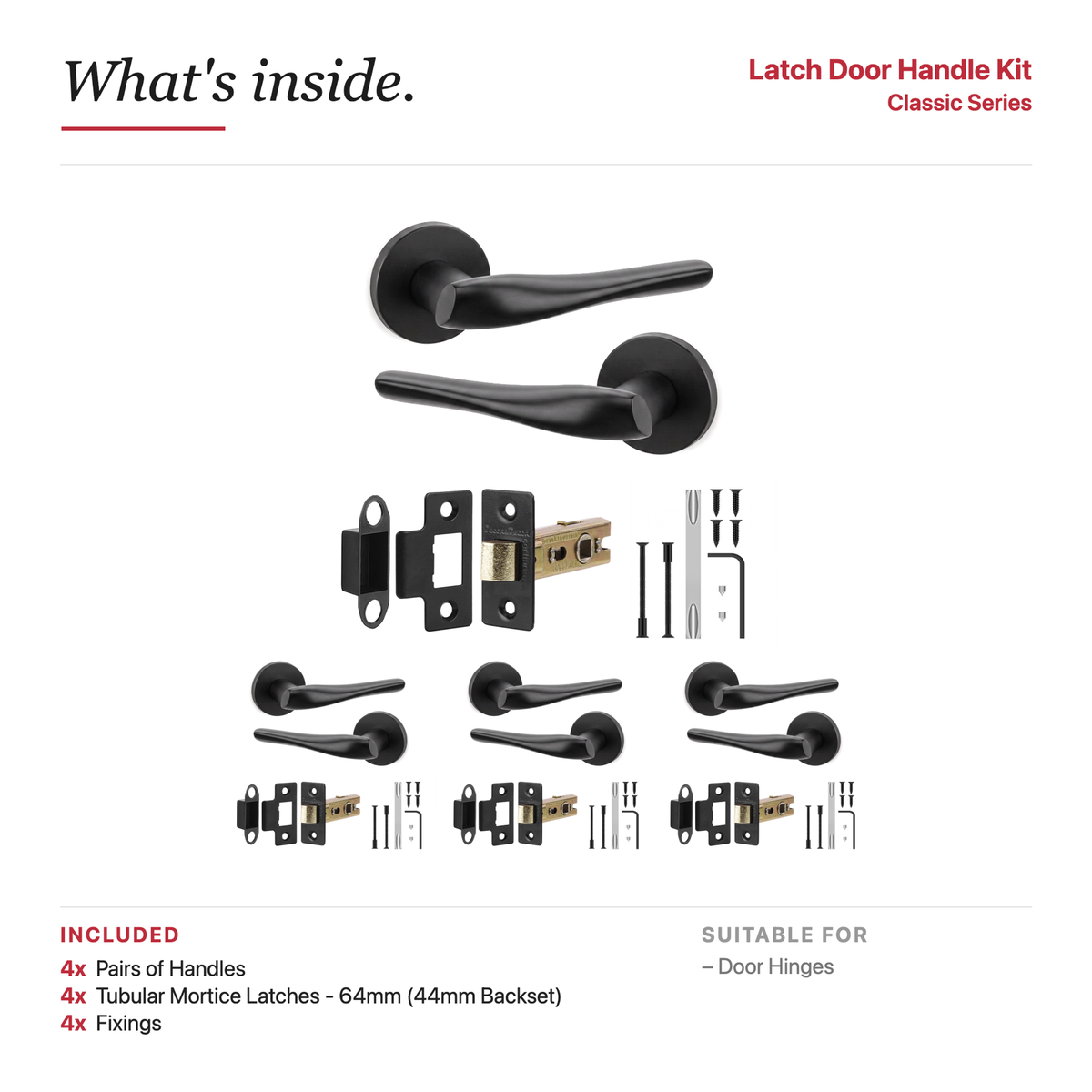 Nanda Matt Black Passage Door Lever Handles – showing what's included in the box