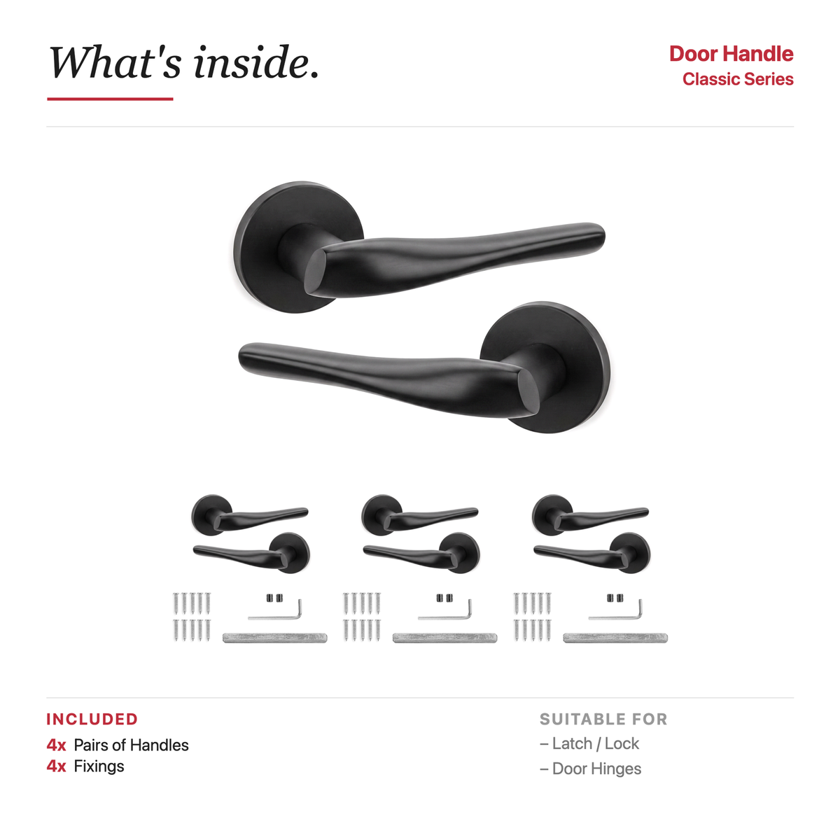 Nanda Matt Black Door Lever Handles – showing what's included in the box
