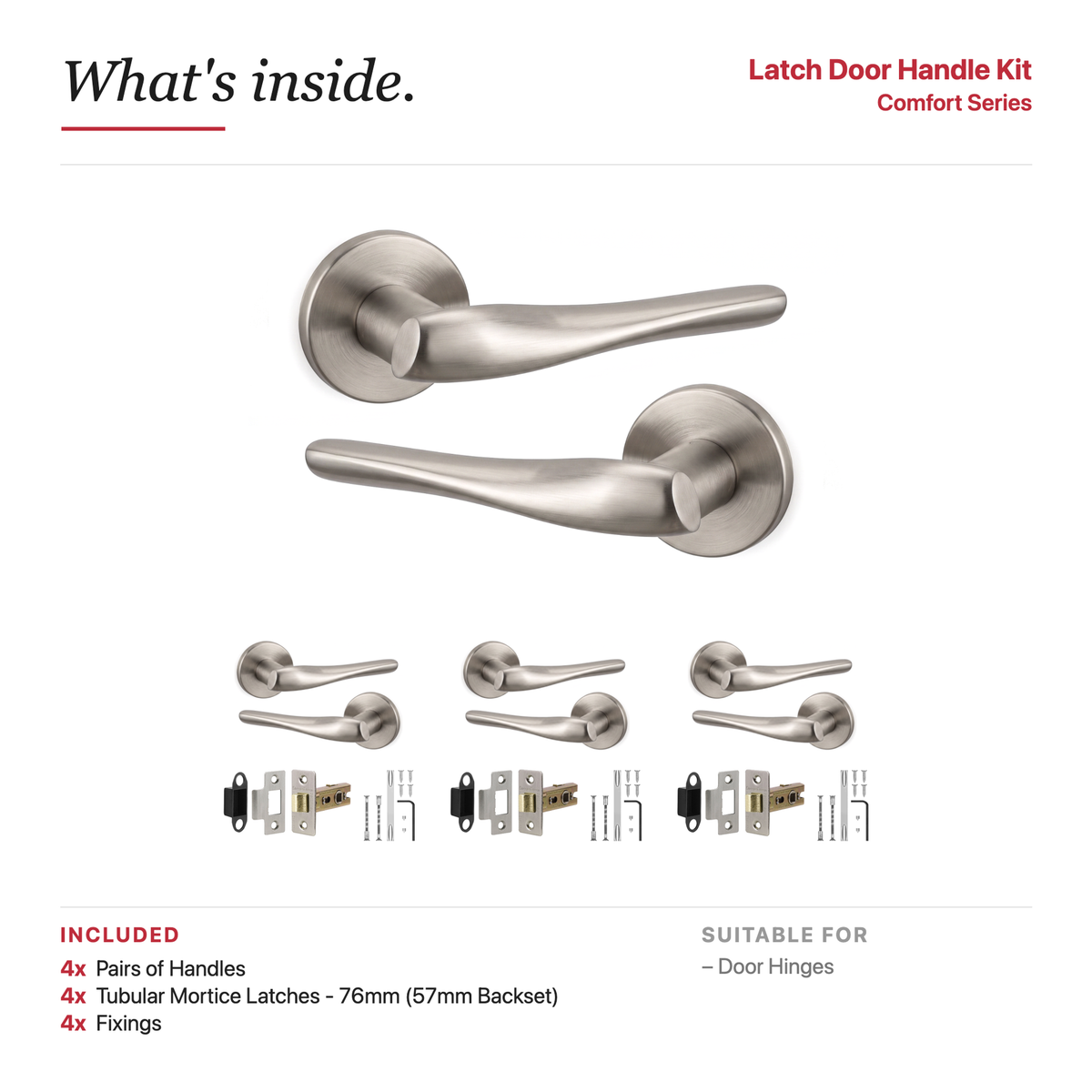 Nanda Satin Nickel Passage Door Lever Handles – showing what's included in the box