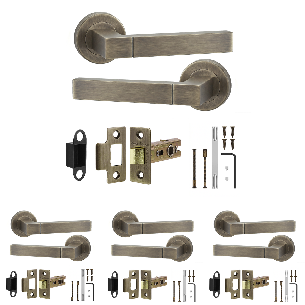 Lumina Antique Brass Passage Door Lever Handles - Latch Kit 64mm - Pack of 4