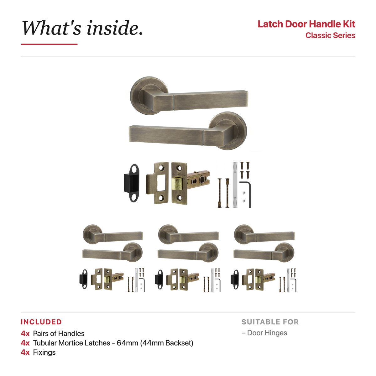 Lumina Antique Brass Passage Door Lever Handles – showing what's included in the box