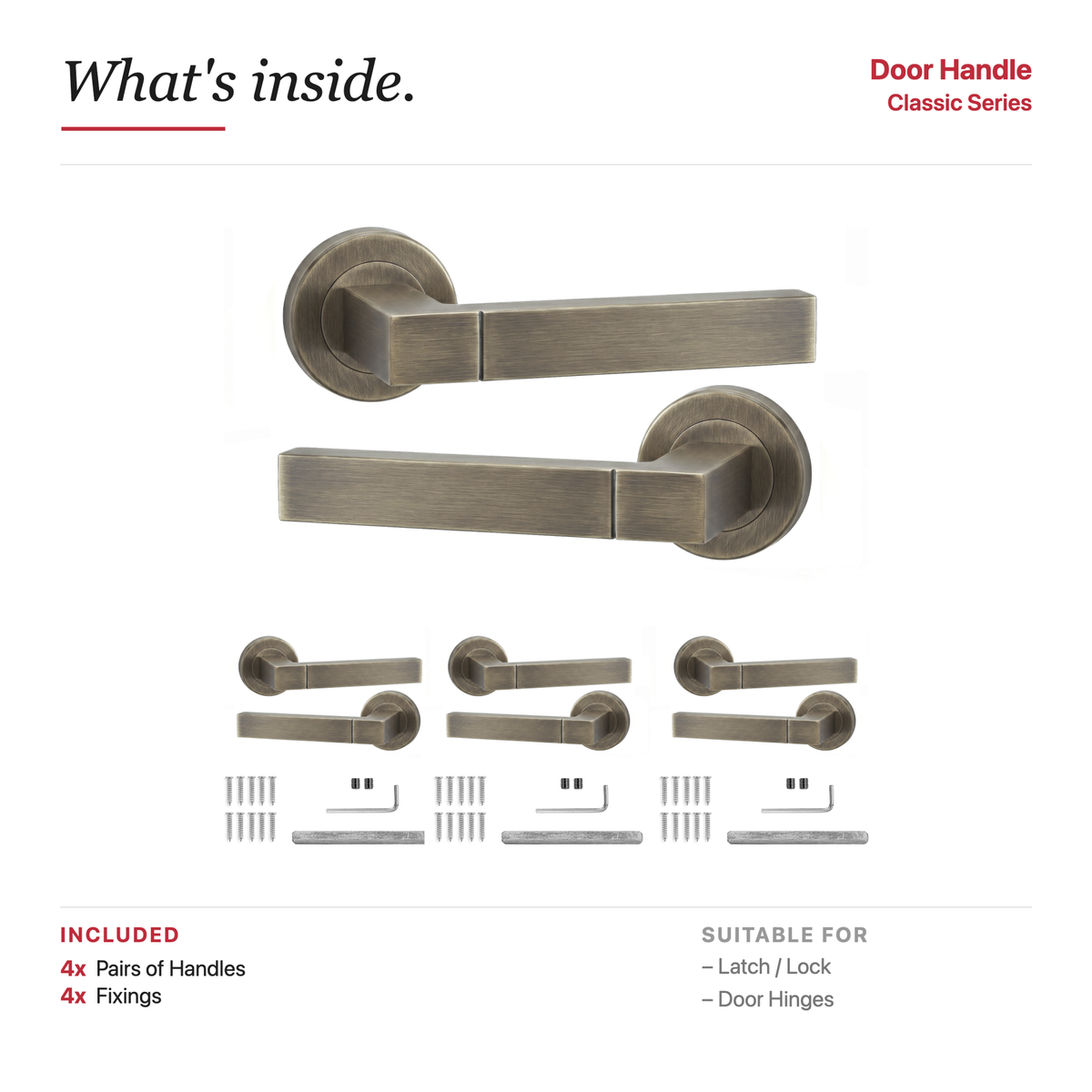 Lumina Antique Brass Door Lever Handles – showing what's included in the box