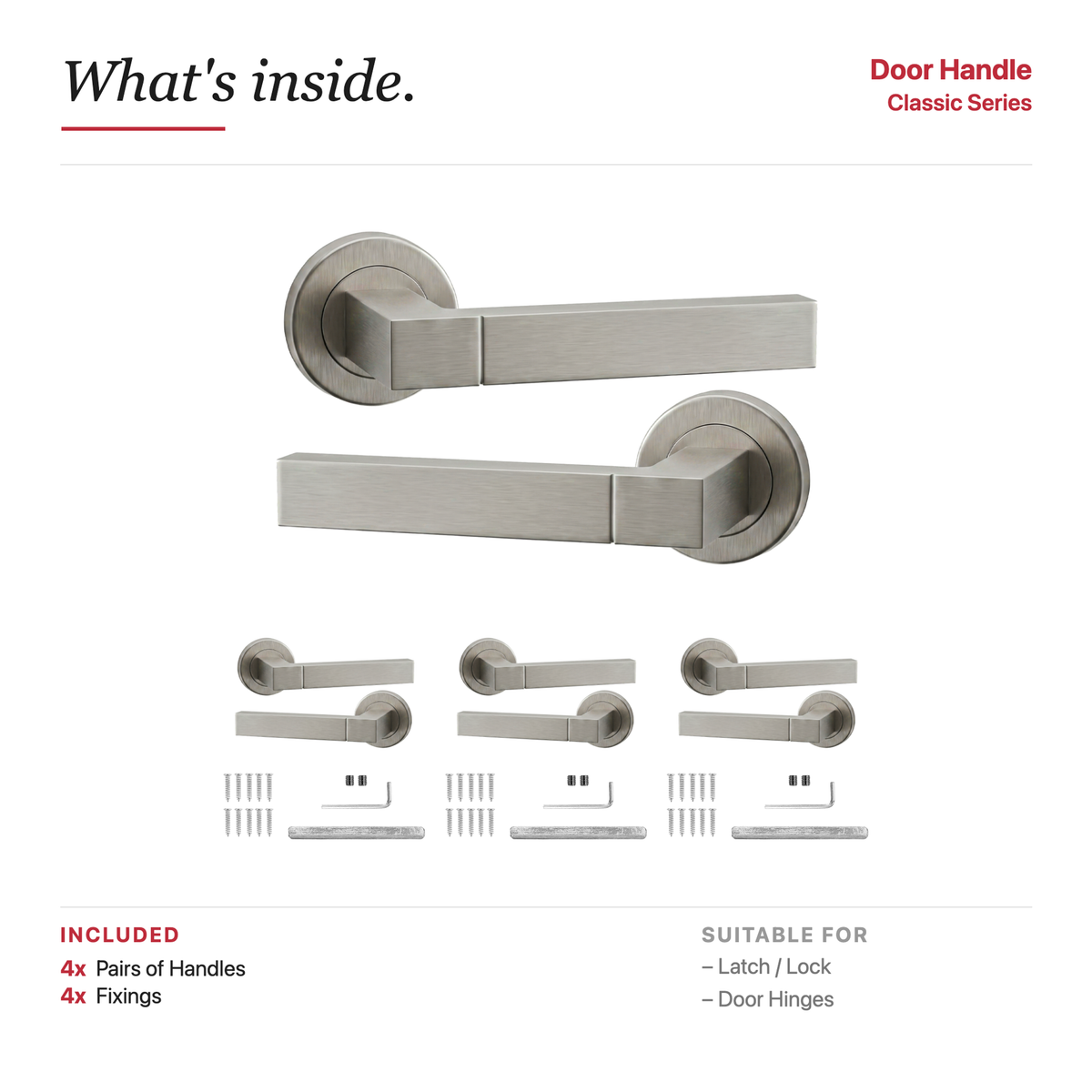 Lumina Satin Nickel Door Lever Handles – showing what's included in the box