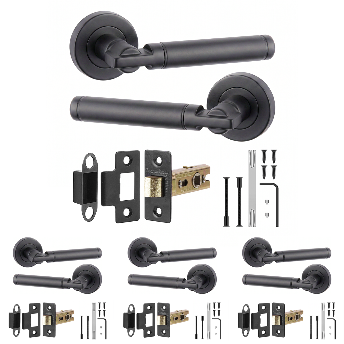 Enigma Matt Black Passage Door Lever Handles - Latch Kit 64mm - Pack of 4