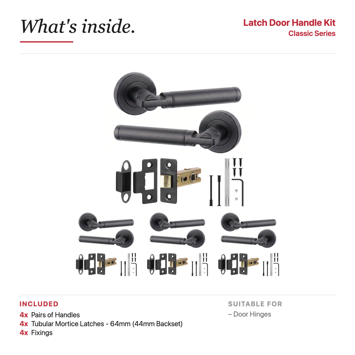 Enigma Matt Black Passage Door Lever Handles – showing what's included in the box