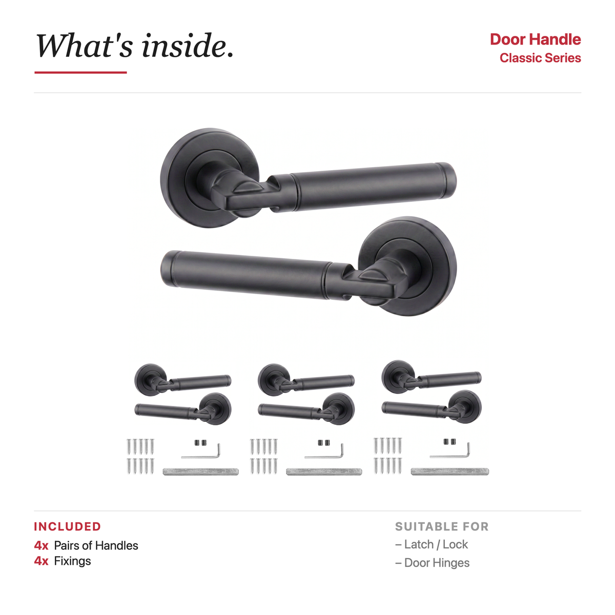 Enigma Matt Black Door Lever Handles – showing what's included in the box