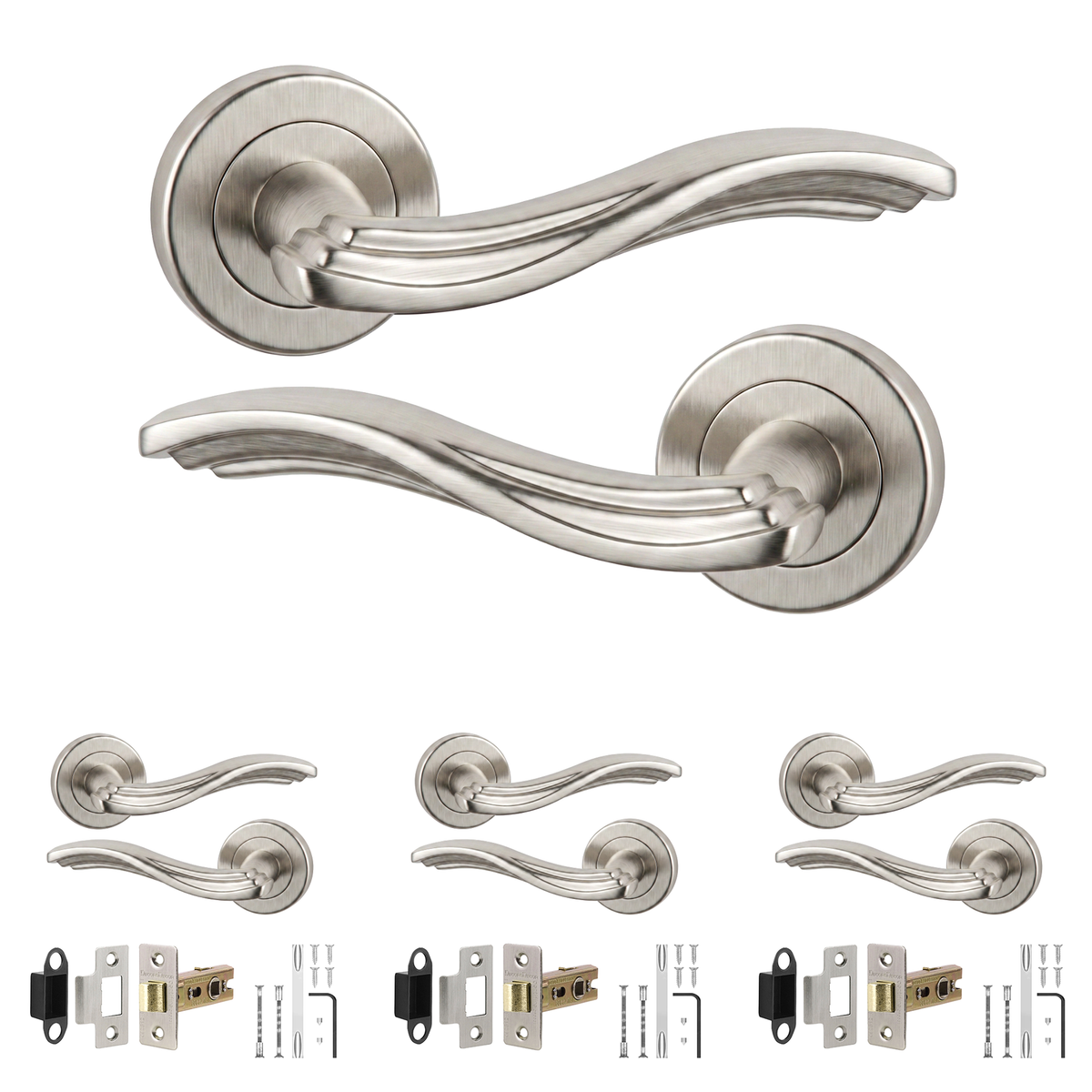 Solace Satin Nickel Passage Door Lever Handles - Latch Kit 64mm - Pack of 4