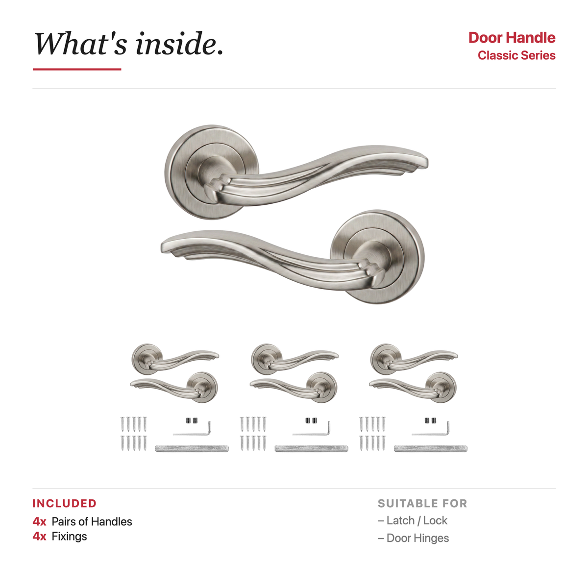 Solace Satin Nickel Door Lever Handles – showing what's included in the box