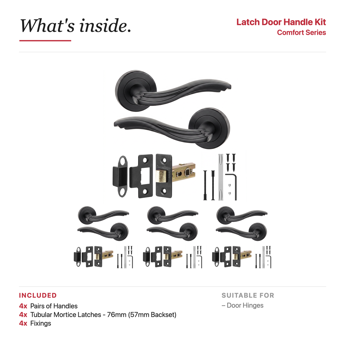 Solace Matt Black Passage Door Lever Handles – showing what's included in the box