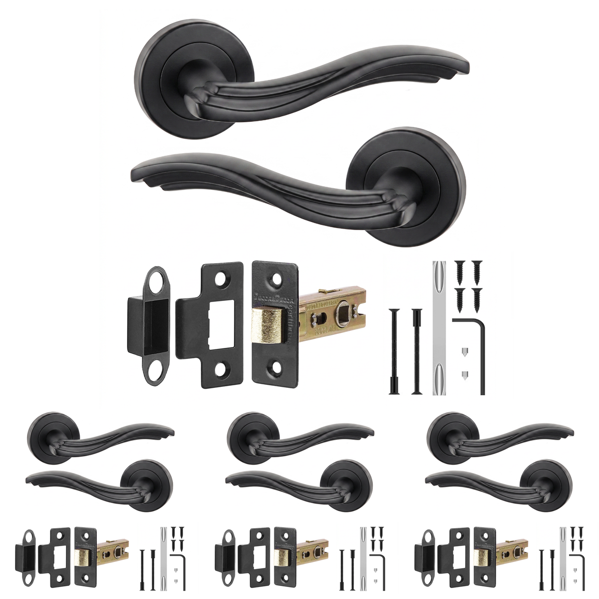 Solace Matt Black Passage Door Lever Handles - Latch Kit 64mm - Pack of 4