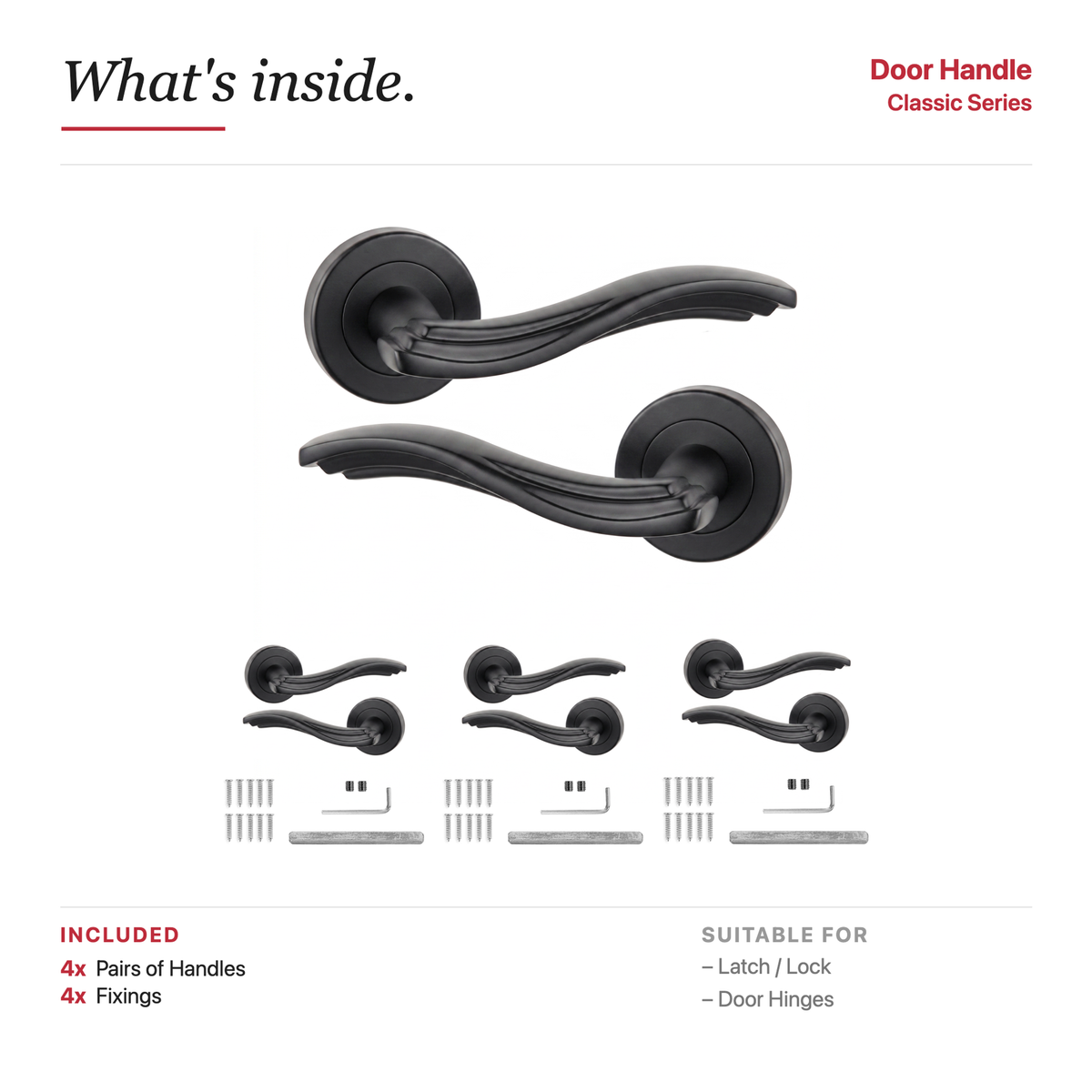 Solace Matt Black Door Lever Handles – showing what's included in the box