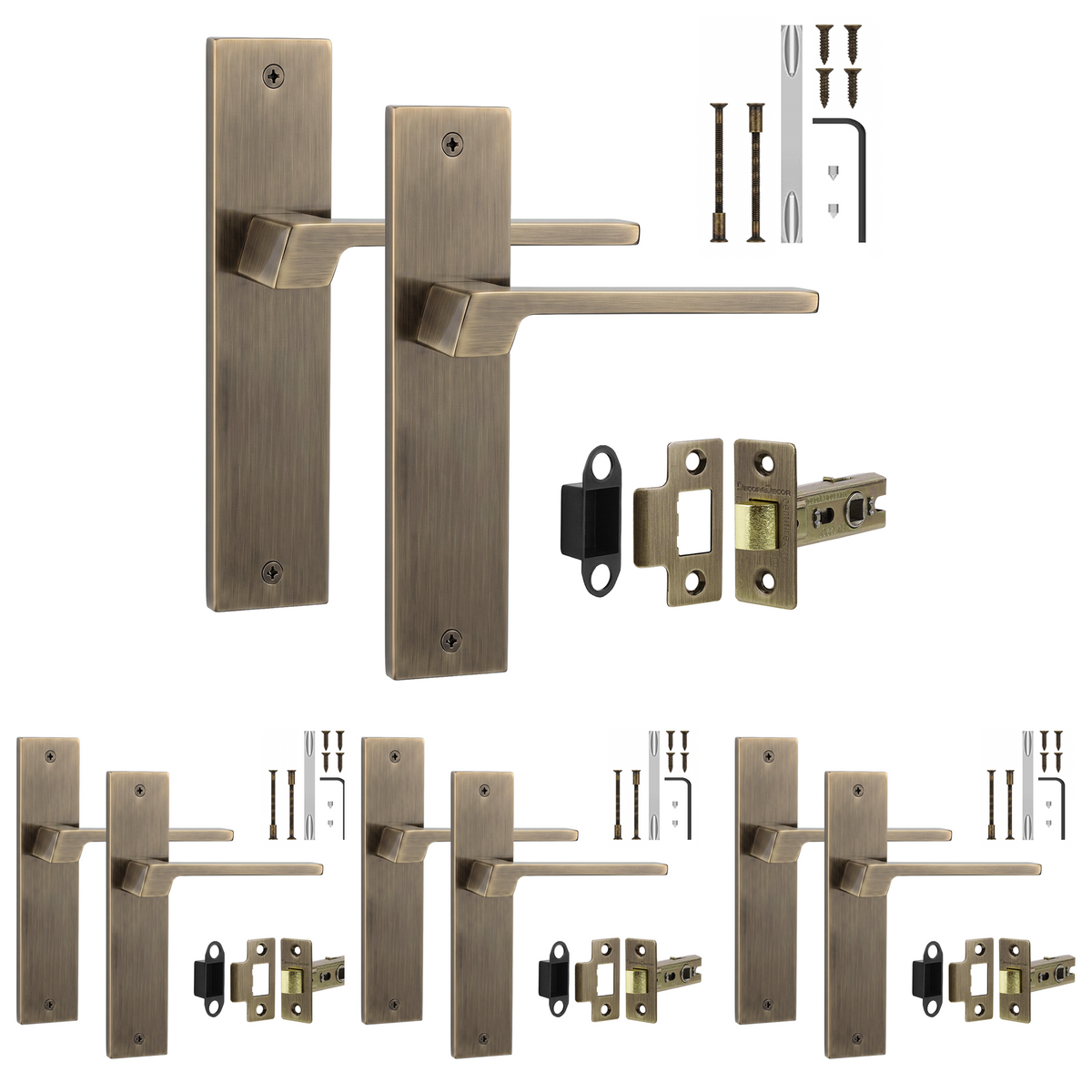 Spectra Antique Brass Passage Door Lever Handles on Backplate - Latch Kit 76mm - Pack of 4