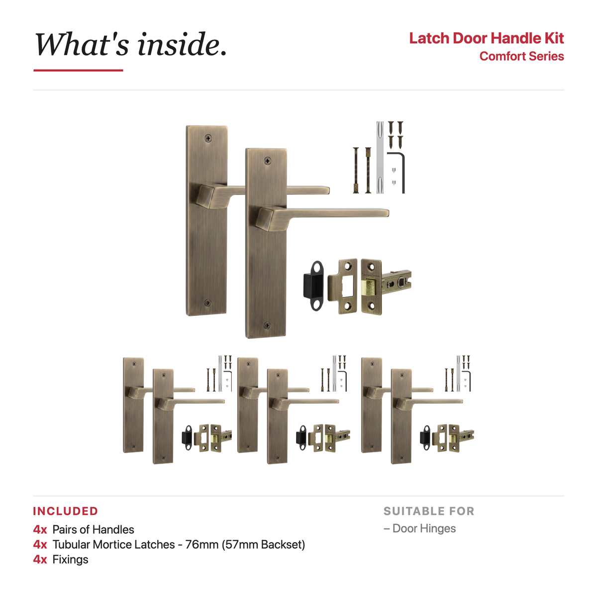 Spectra Antique Brass Passage Door Lever Handles on Backplate – showing what's included in the box