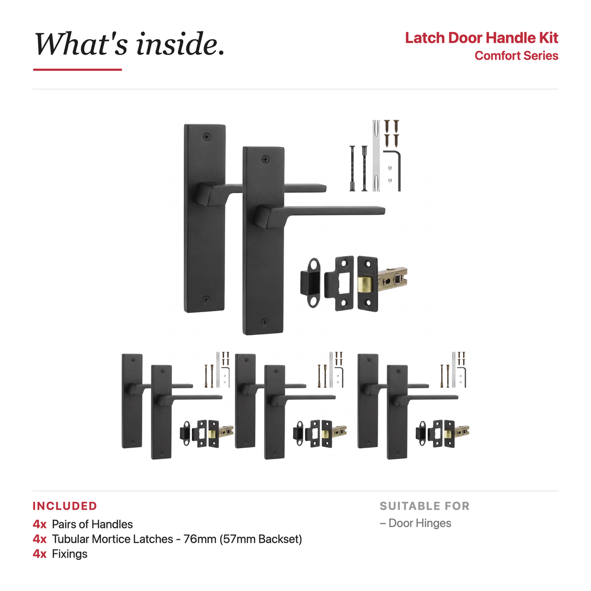 Spectra Matt Black Passage Door Lever Handles on Backplate – showing what's included in the box
