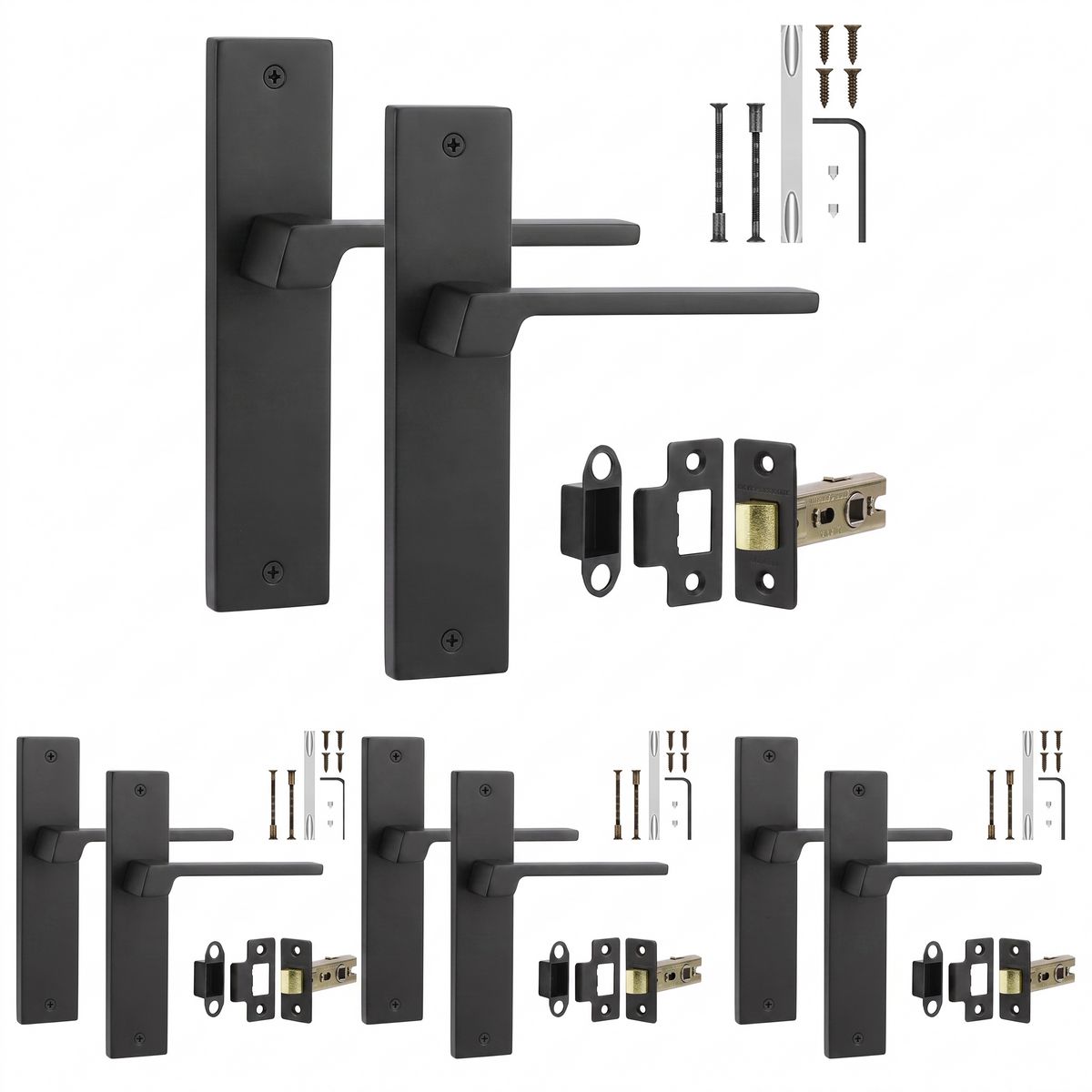 Spectra Matt Black Passage Door Lever Handles on Backplate - Latch Kit 64mm - Pack of 4