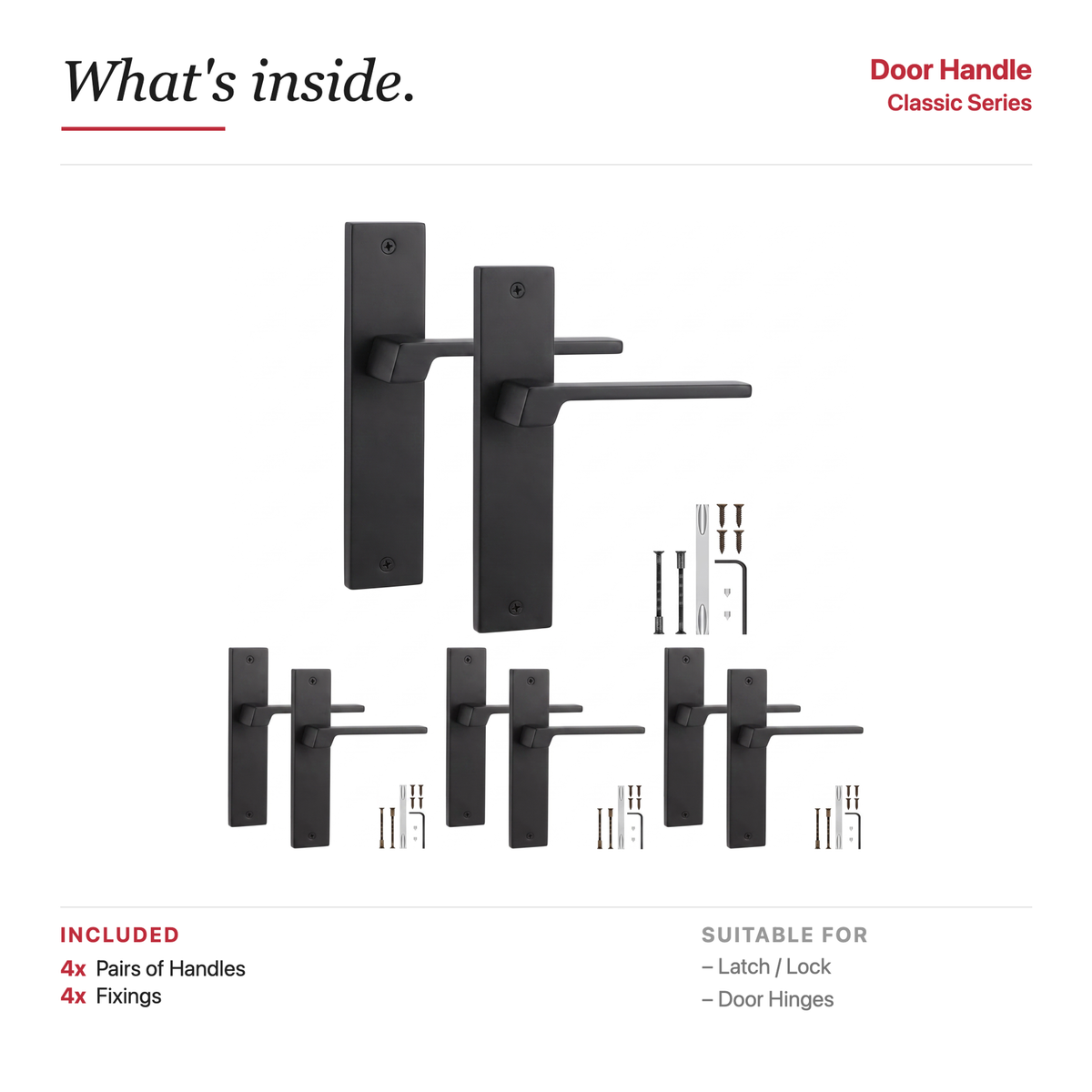 Spectra Matt Black Door Lever Handles on Backplate – showing what's included in the box