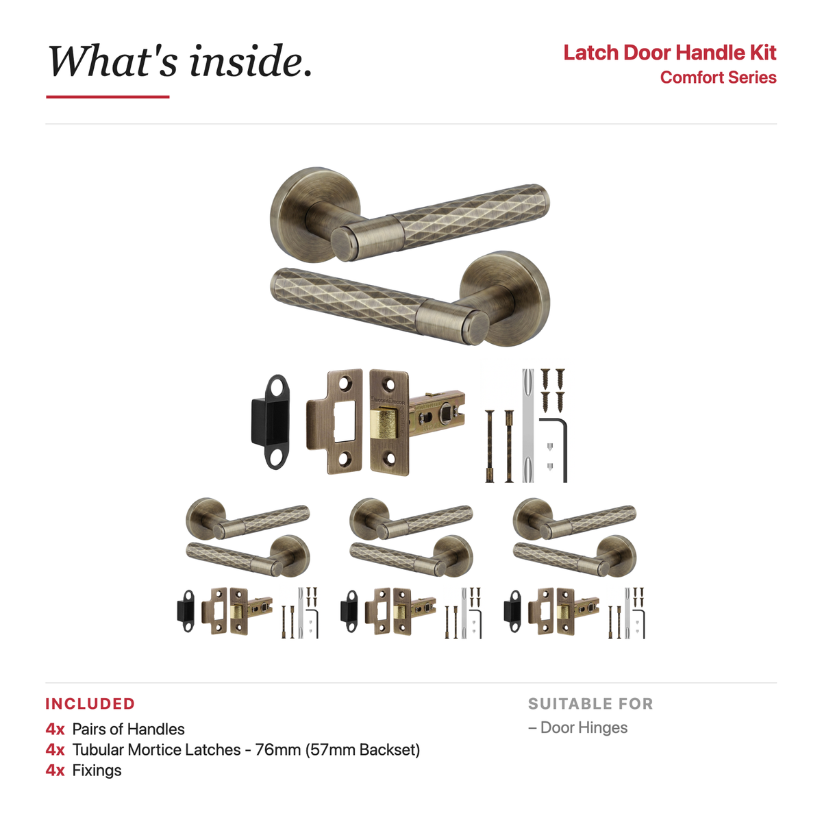 Tore Antique Brass Passage Door Lever Handles – showing what's included in the box