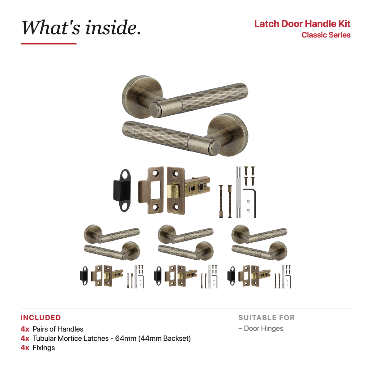 Tore Antique Brass Passage Door Lever Handles – showing what's included in the box