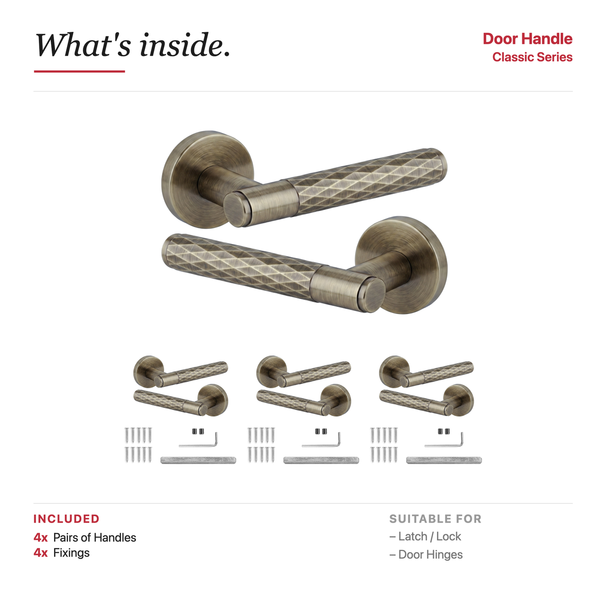 Tore Antique Brass Door Lever Handles – showing what's included in the box
