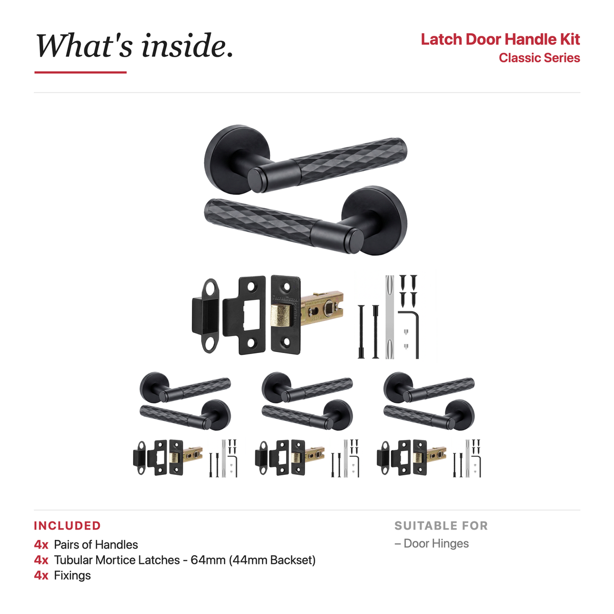 Tore Matt Black Passage Door Lever Handles – showing what's included in the box