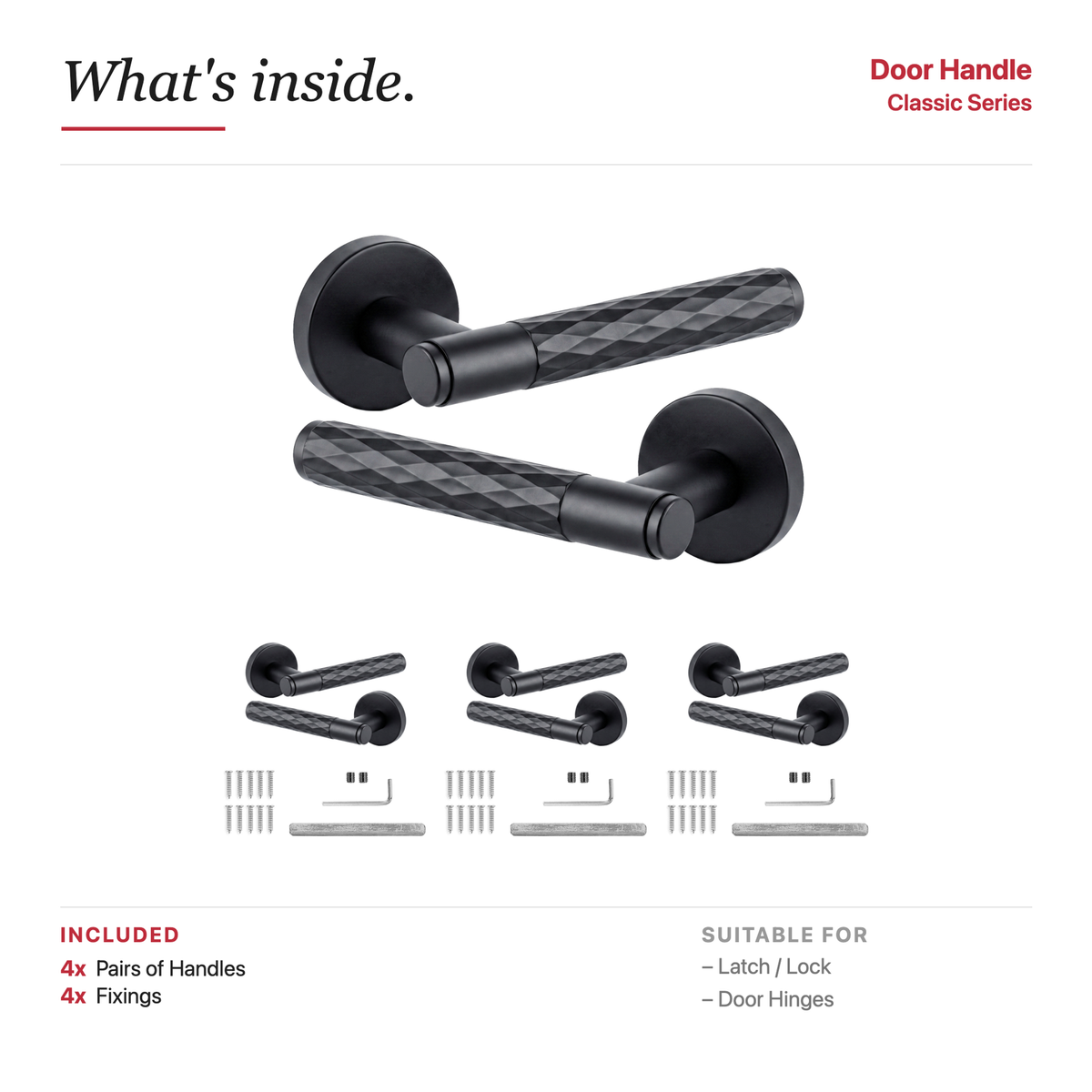 Tore Matt Black Door Lever Handles – showing what's included in the box