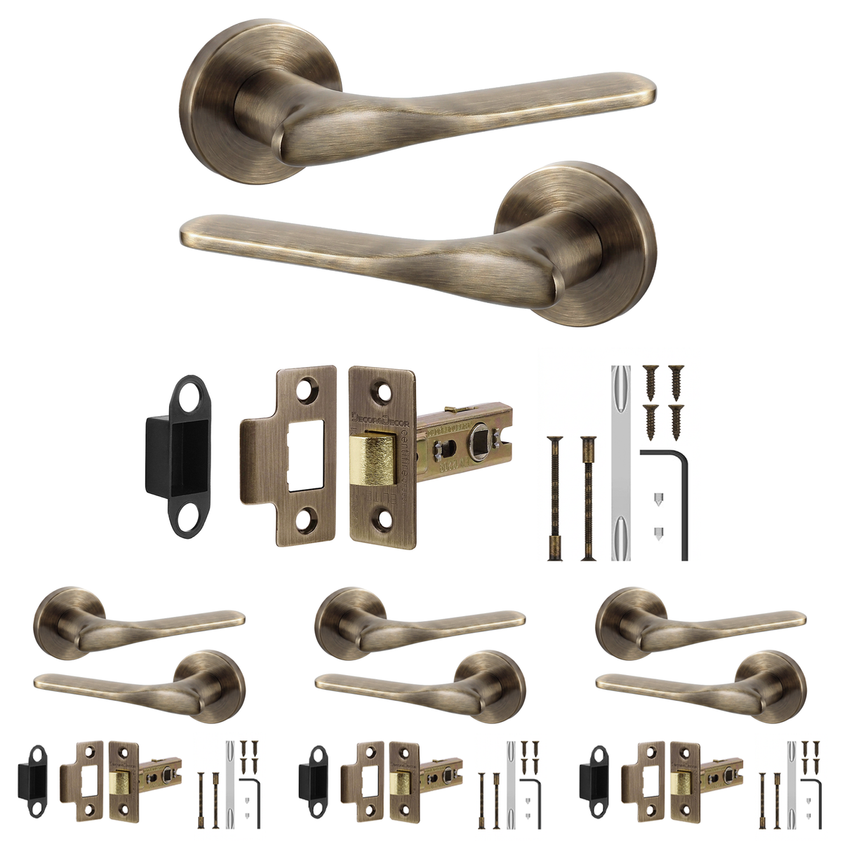 Verita Antique Brass Passage Door Lever Handles - Latch Kit 64mm - Pack of 4
