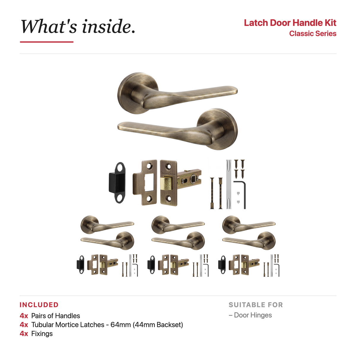 Verita Antique Brass Passage Door Lever Handles – showing what's included in the box