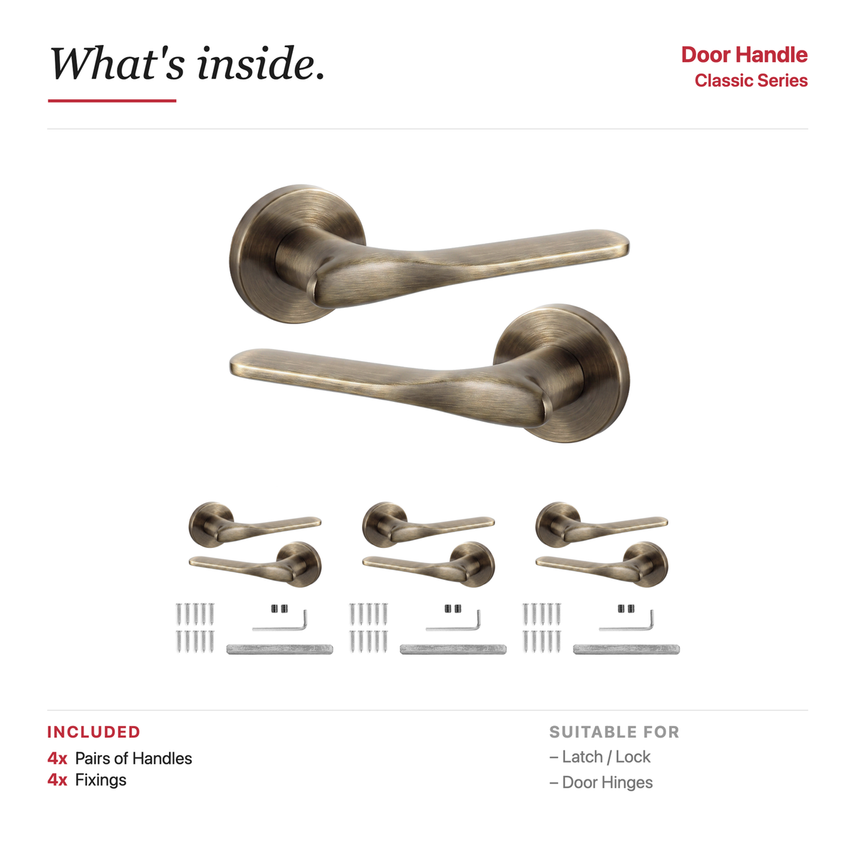 Verita Antique Brass Door Lever Handles – showing what's included in the box