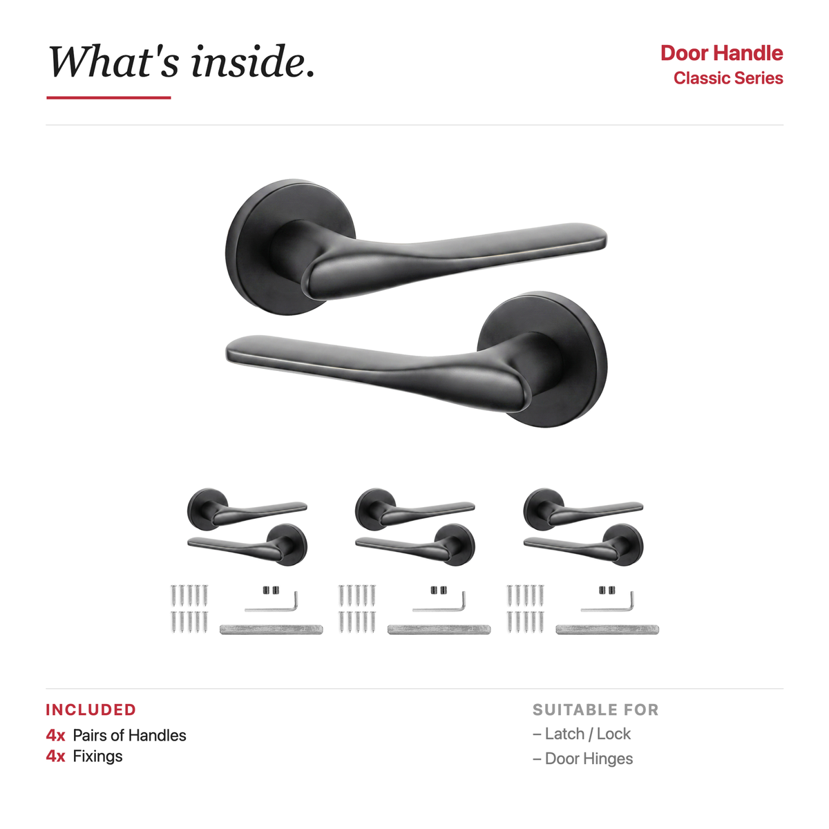 Verita Matt Black Door Lever Handles – showing what's included in the box