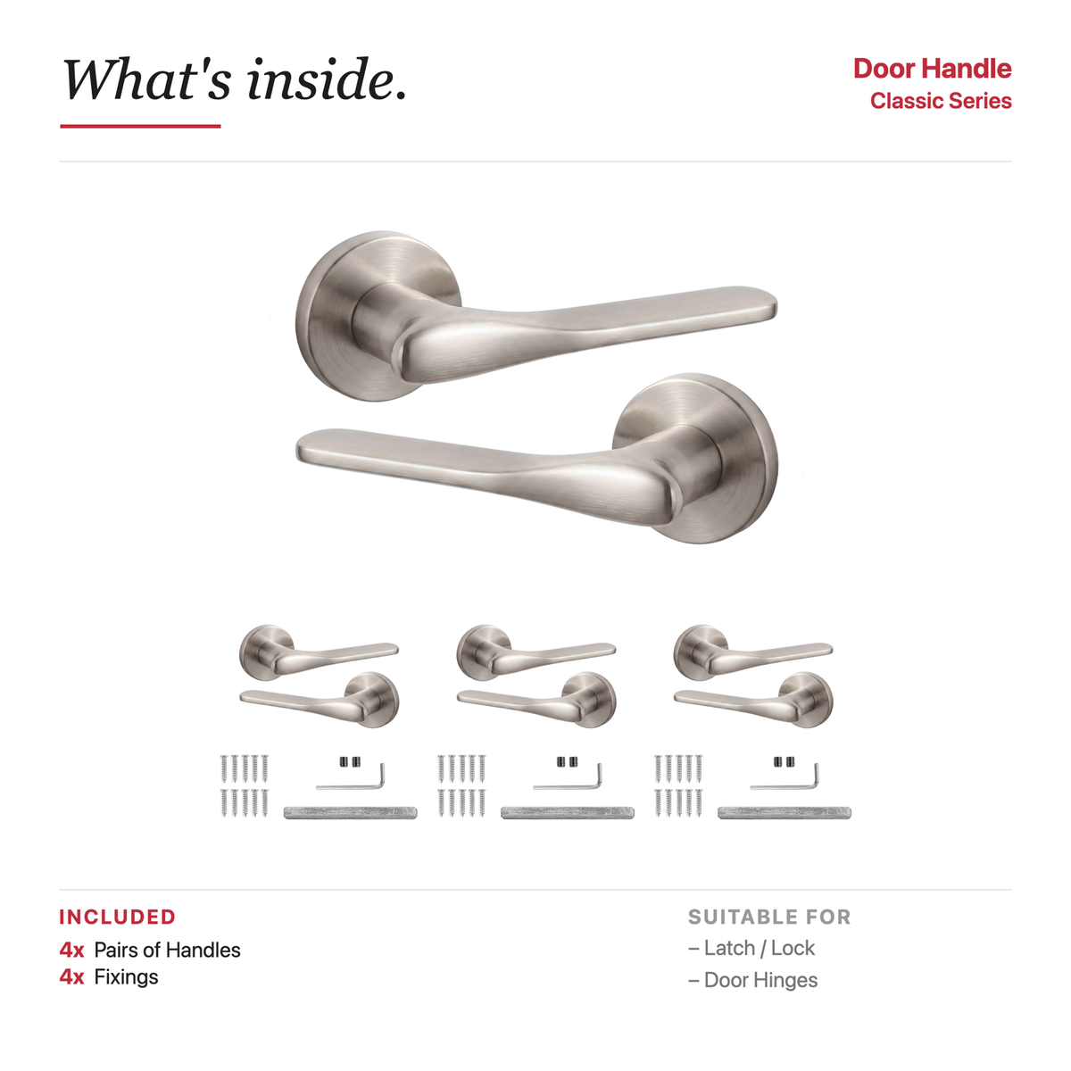 Verita Satin Nickel Door Lever Handles – showing what's included in the box