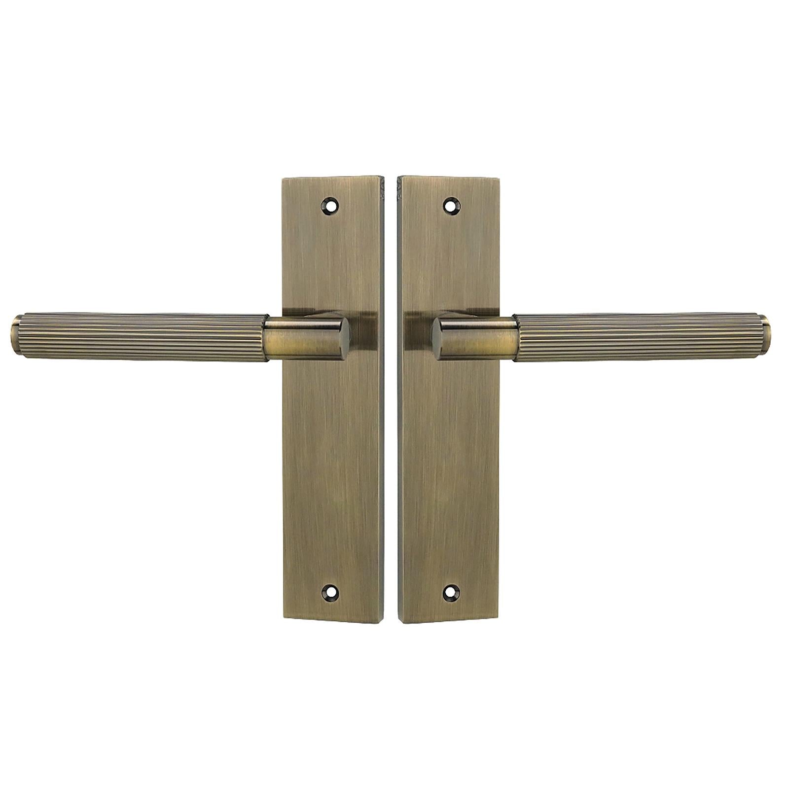 Hera Antique Brass Passage Door Handles on Backplate - Latch and Hinge Set