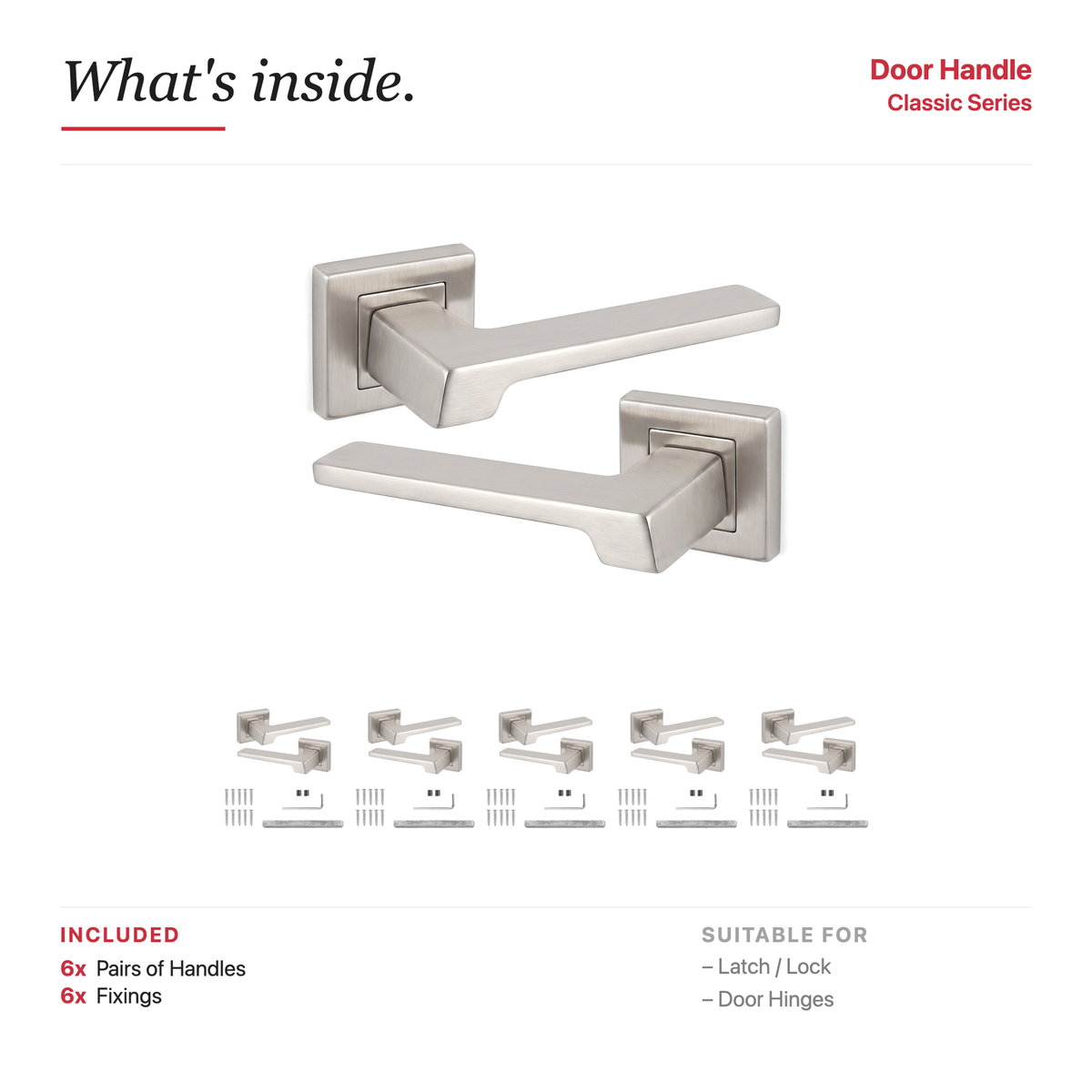 Spectra Satin Nickel Door Lever Handles – showing what's included in the box
