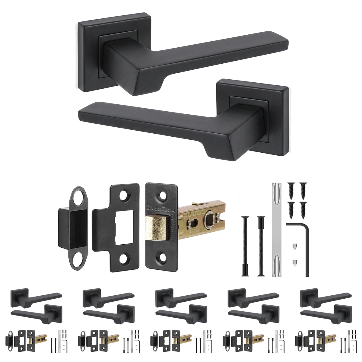 Spectra Matt Black Passage Door Lever Handles - Latch Kit 76mm - Pack of 6