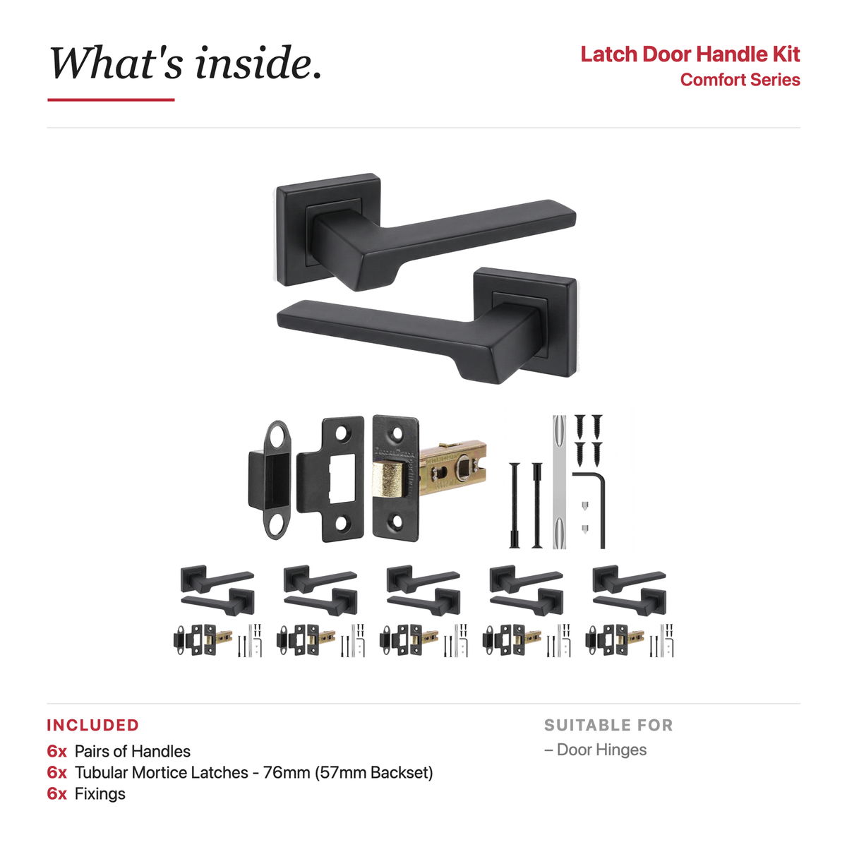Spectra Matt Black Passage Door Lever Handles – showing what's included in the box