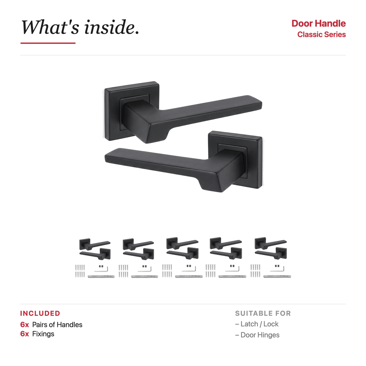 Spectra Matt Black Door Lever Handles – showing what's included in the box