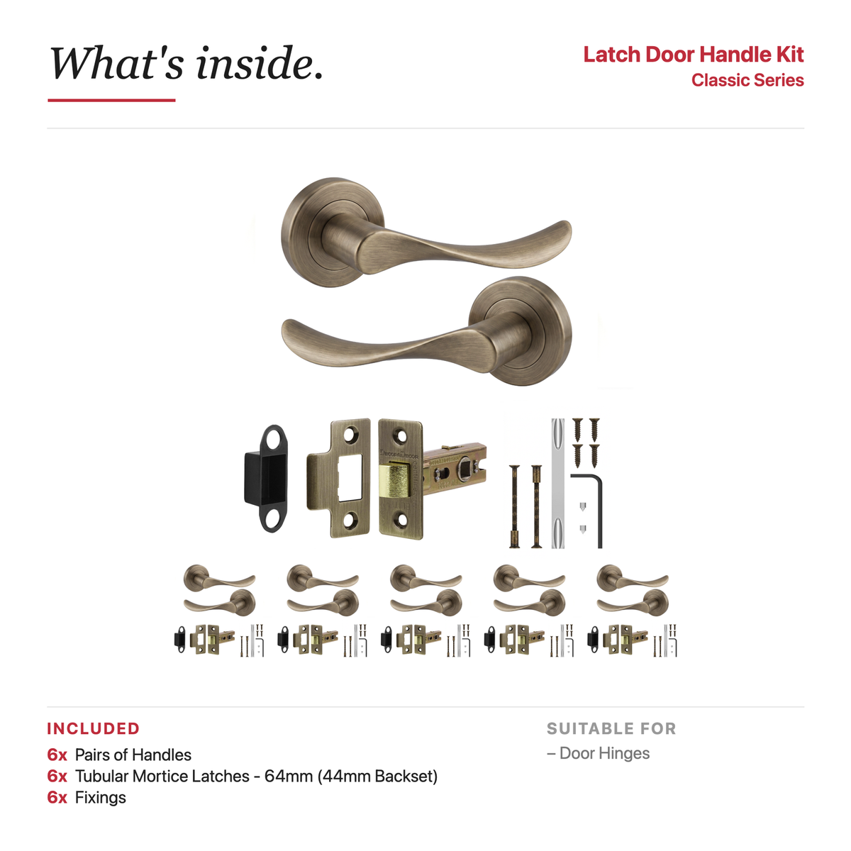 Nimbus Antique Brass Passage Door Lever Handles – showing what's included in the box