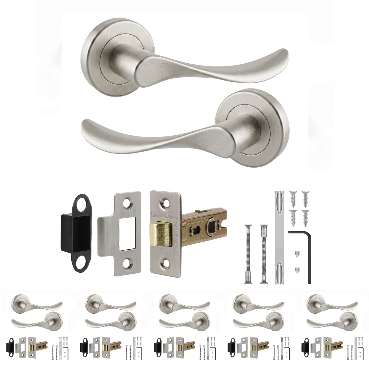 Nimbus Satin Nickel Passage Door Lever Handles - Latch Kit 76mm - Pack of 6