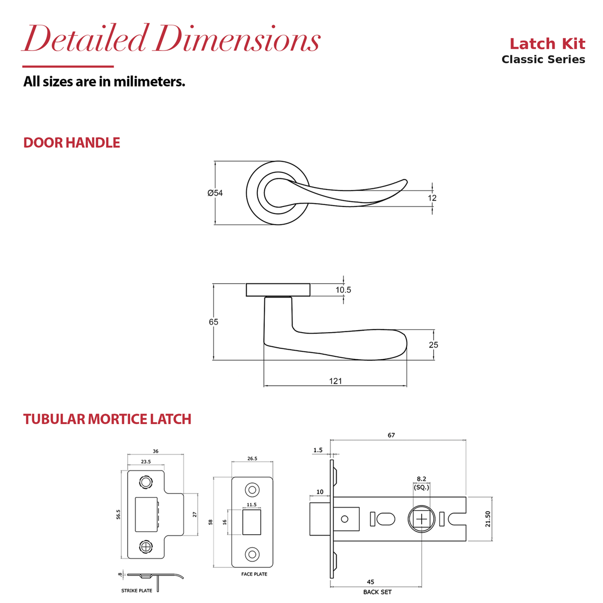 Nimbus Satin Nickel Passage Door Lever Handles – dimensions and measurements diagram