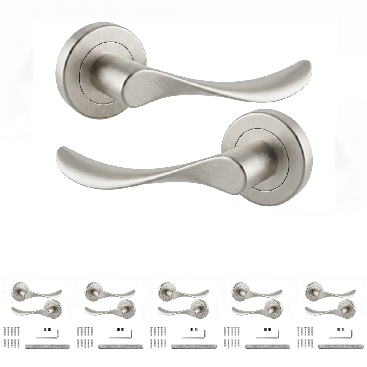 Nimbus Satin Nickel Door Lever Handles - Pack of 6 Pairs