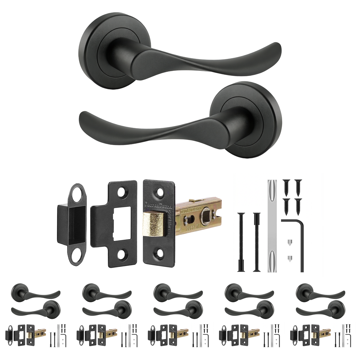 Nimbus Matt Black Passage Door Lever Handles - Latch Kit 64mm - Pack of 6