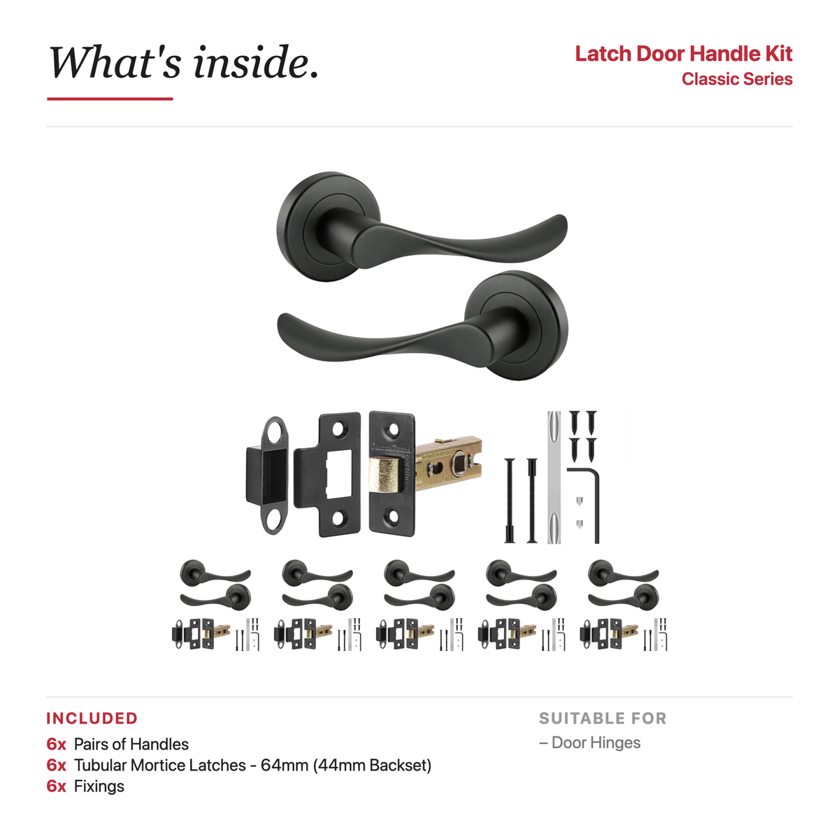 Nimbus Matt Black Passage Door Lever Handles – showing what's included in the box